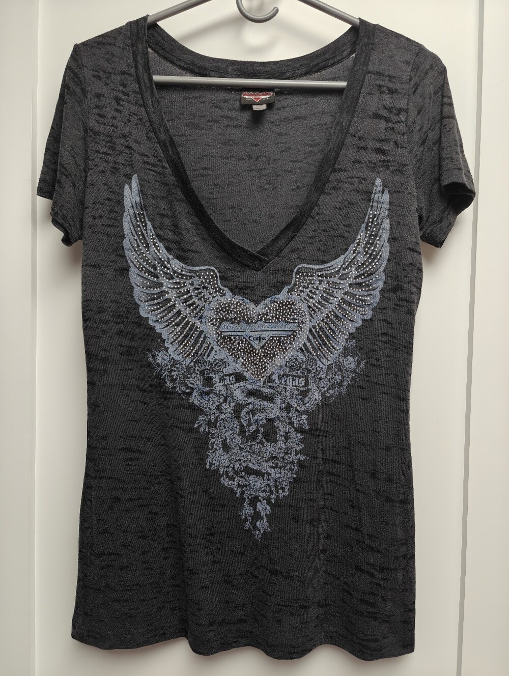 Harley-Davidson Gray burnout-wash Vneck bedazzled/rhinestone Angel Wing graphic